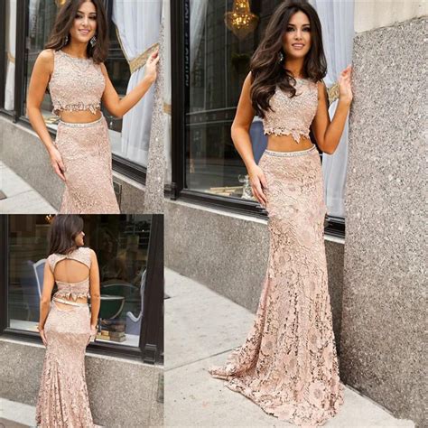 Two Piece Mermaid Lace Sweep Train Sleeveless Prom Dresslong Party