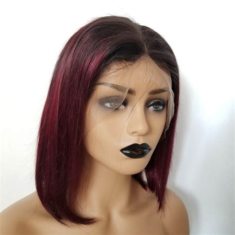 1b99j Ombre Wine Red Color 13x4 Lace Front Bob Wig With Pre Plucked H