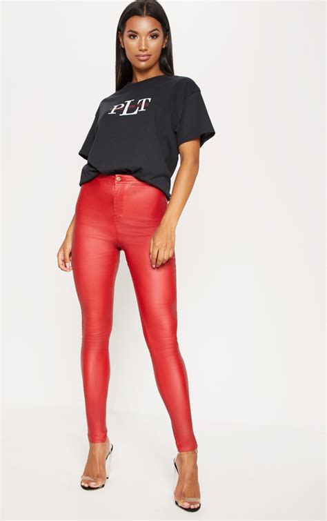 red coated skinny jean jeans prettylittlething usa