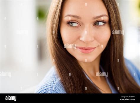 Cropped Close Up View Portrait Of Attractive Cheery Minded Dreamy Brown