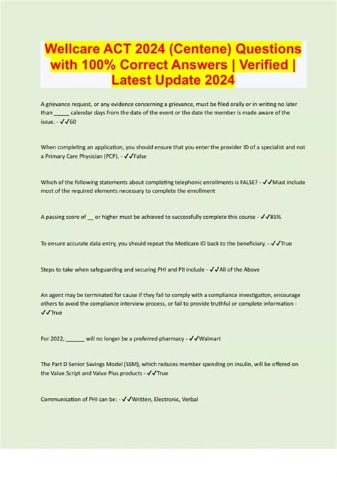 Wellcare ACT 2024 (Centene) Questions with 100% Correct Answers