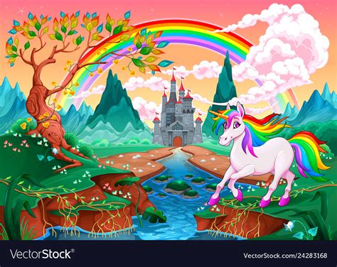 Unicorn In A Fantasy Landscape With Rainbow Vector Image
