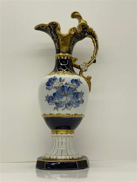 Royal Dux Hand Painted Cobalt And Gilt Floral Ewer Pitcher Etsy