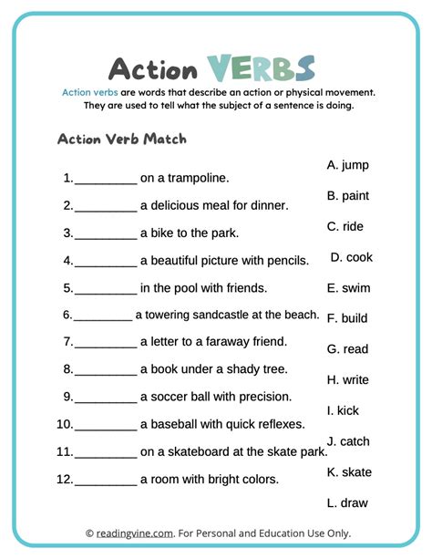 Action Verbs Worksheets Definition Examples Readingvine