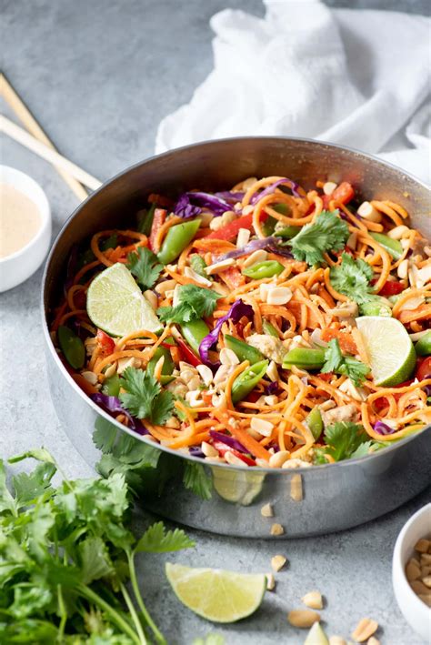 Dice the zucchini and add it to the oven with the sweet potato. Meal Prep Chicken Pad Thai with Sweet Potato Noodles ...