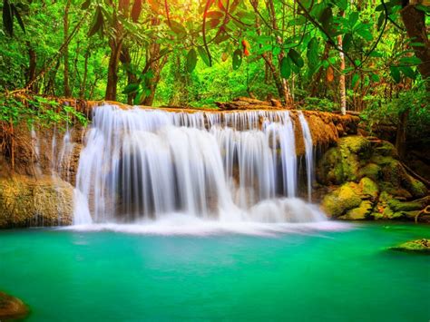 Wonderful Tropical Waterfall Blue Water Nature Forest With Green Trees