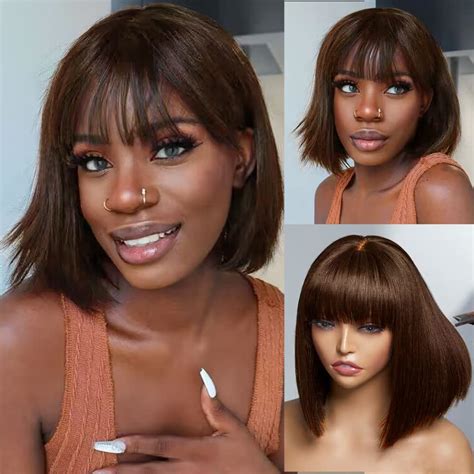 light yaki straight human hair bob wig with bangs none lace front wigs realistic