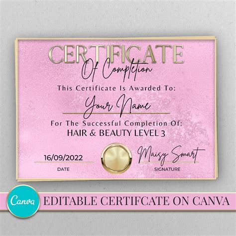Certificate Of Completion Editable With Canva Print Yourself Pink