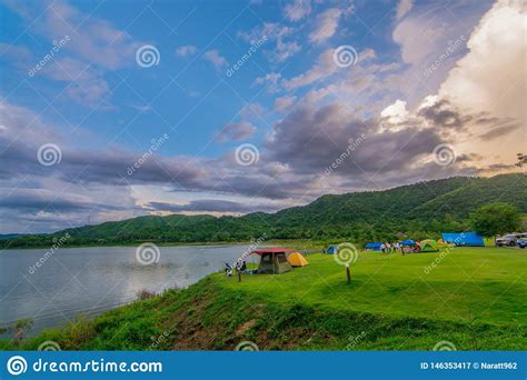 Tent Spots Along The Reservoir In The Middle Of The Forest Stock Image