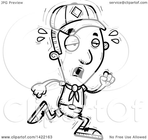 Clipart Of A Cartoon Black And White Lineart Doodled Exhausted Boy