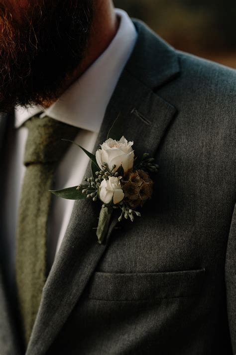 Natural Boutonniere Two White Roses Bohemian Groom Style Green Tie