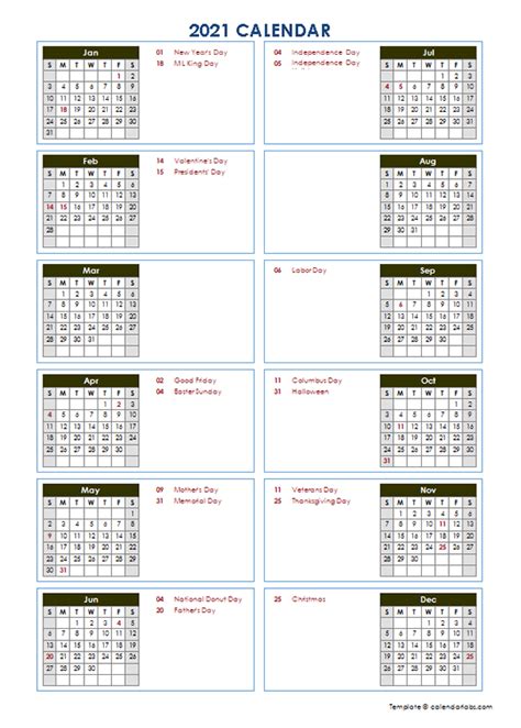2021 Year At A Glance Word Calendar Template Free Printable Templates