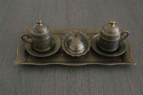 TRADITIONAL OTTOMAN STYLE TURKISH GREEK COFFEE SET FOR 2 WITH TRAY
