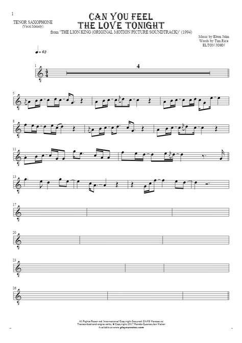 Can You Feel The Love Tonight Notes For Tenor Saxophone Melody Line