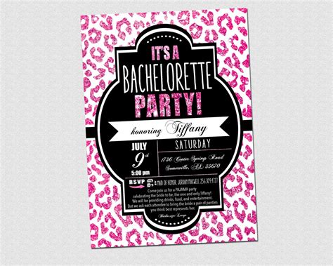 Bachelorette Pink Glitter Leopard Party Invitation Detailed Etsy Bachelorette Party