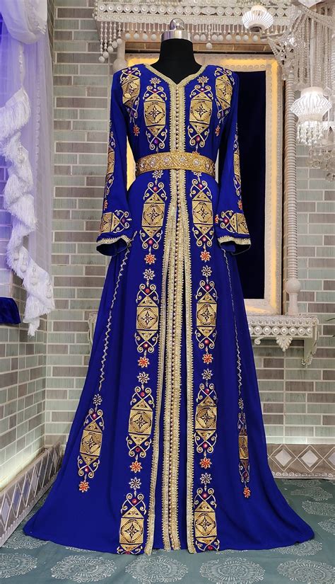 Royal Blue Designer Moroccan Embroidery Takchita Arabic Etsy Blue
