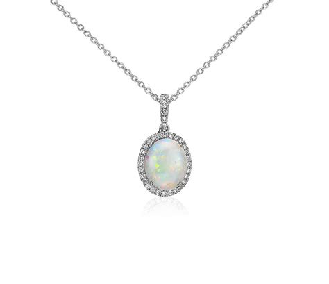 Opal And Diamond Pendant In 14k White Gold 10x8mm Blue