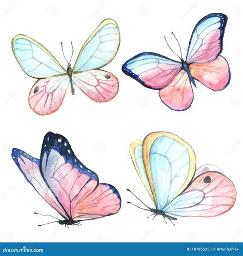 Collection Of Watercolor Images Of Beautiful Butterflies Stock