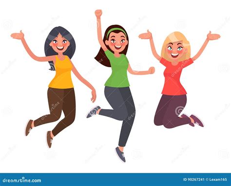 Beautiful Girls Are Jumping With Happiness Women S Joy Vector Stock Illustration