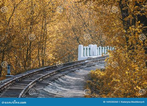 Railroad Single Track And Railroad Bridge Through The Woods In Autumn