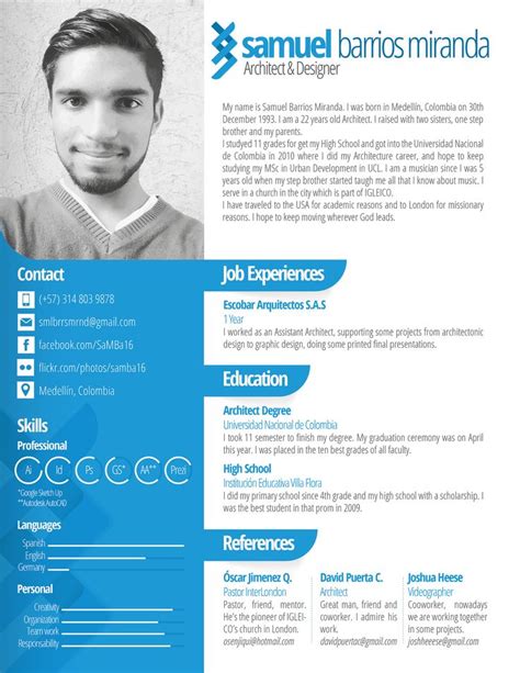 A Blue And White Resume With An Image Of A Man S Face On It