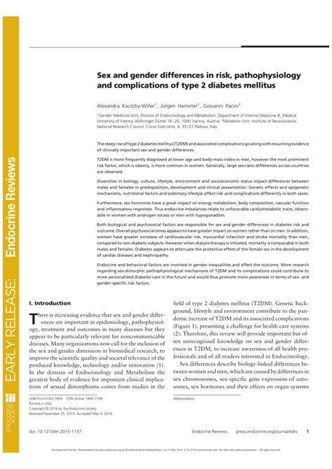 Pdf Sex And Gender Differences In Risk Pathophysiology And Complications Of Type 2 Diabetes