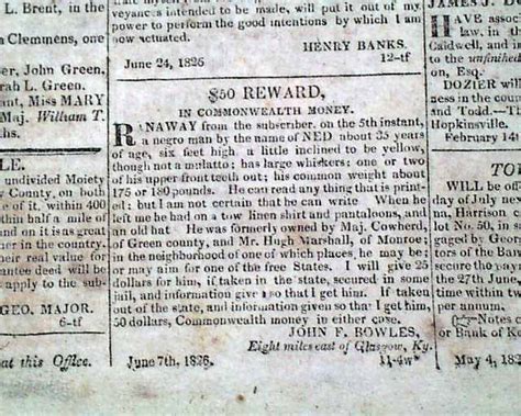 Rare Frankfort Ky Franklin County Co Kentucky W Slavery Ads 1826
