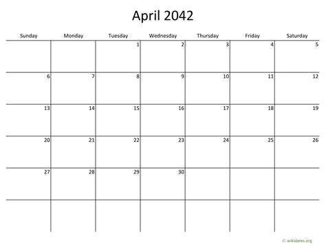 April 2042 Calendar With Bigger Boxes