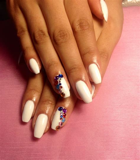 Gel Overlay On Natural Nails White With Multicolour Rhinestones Nails