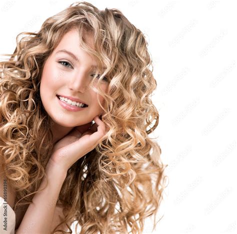 beauty girl with blonde curly hair long permed hair stock foto adobe stock
