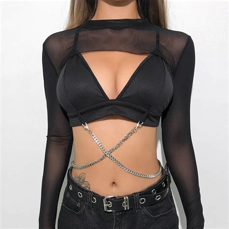 Waatfaak Sexy Deep V Neck Black Crop Top Summer Chain Padded Straps Backless Vest Sleeveless