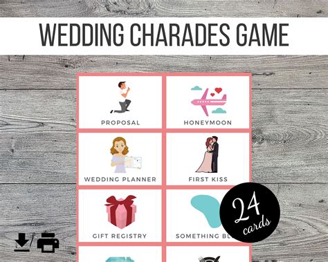 Wedding Bridal Shower Printable Charades Or Pictionary Cards Game 24