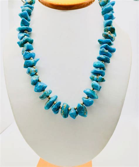 Turquoise Necklace Chunky Turquoise Necklace With Yellow Gold Etsy