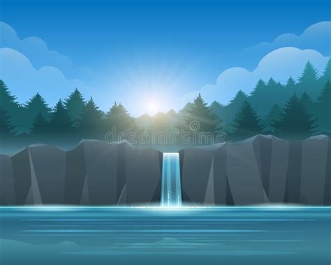 Waterfall With Landscape View Background Stock Illustration