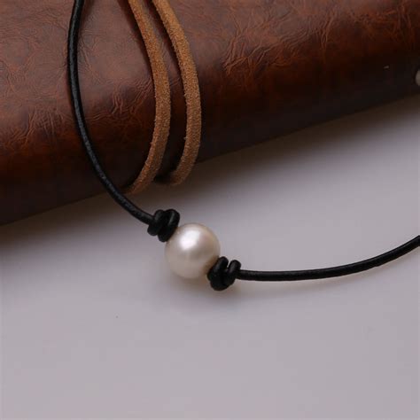 Single Cultured Freshwater Pearl Leather Choker Necklace On Genuine