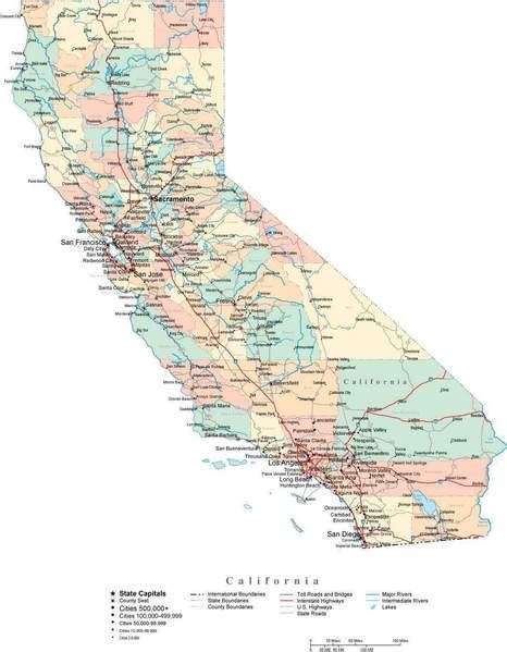 California Digital Vector Map With Counties Major Cities