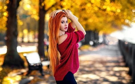 Hd Wallpaper Women Outdoors Redhead Eyes Hand On Head Dana Bounty Red Sweater Wallpaper
