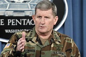 Gen. Peter Schoomaker talks to news reporters at the Pentagon.