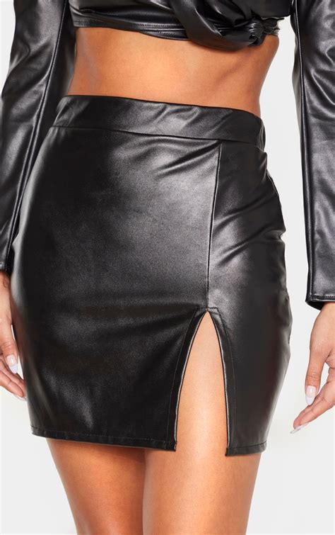 Black Faux Leather Extreme Split Mini Skirt Prettylittlething Aus