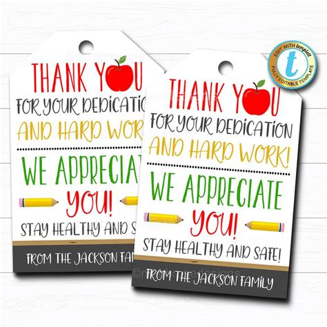 Teacher Appreciation Gift Tag Thank You Gift Staff School Pto Pta Long Distance Online