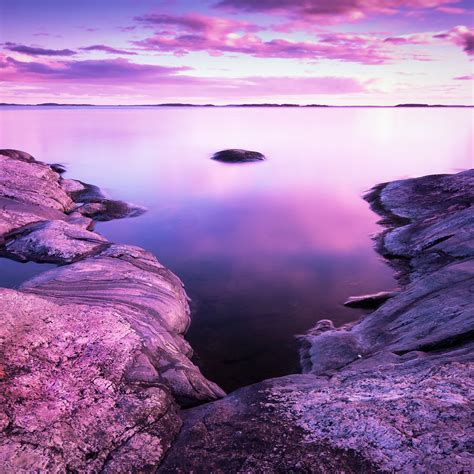 Sunset Wallpaper 4k Scenery Rocks Lake Purple Sky Pink 8k Nature