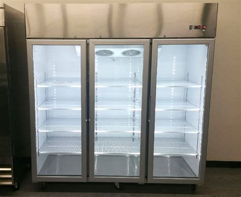78 3 door reach in glass front freezer stainless steel with led
