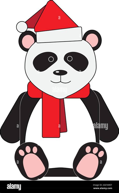 Cartoon Cute Panda Wearing Red Santa Hat And Scarf Isolated On White