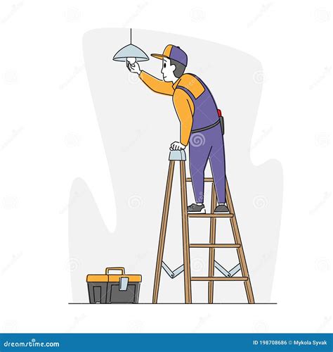 3d Electrician On A Ladder Changing A Light Bulb Royalty Free