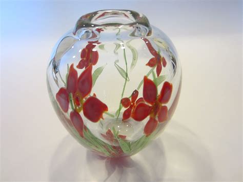 Blown Glass Flower Vase Red Irises Green Stems Glass Flower Vases