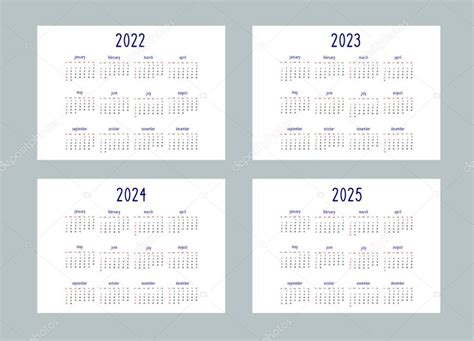 Calendario 2022 2023 2024 2025 Años Plantilla En Estilo Estricto