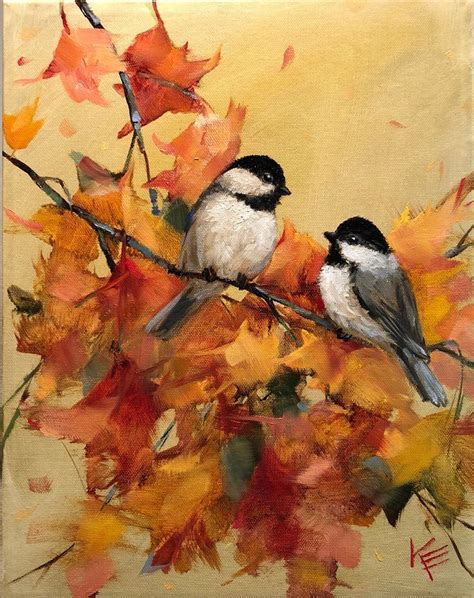Chickadee Fall Leaves By Krista Eaton Original Art Etsy Autumn