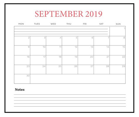 September 2019 Calendar Blank Monthly Calendar Template Calendar