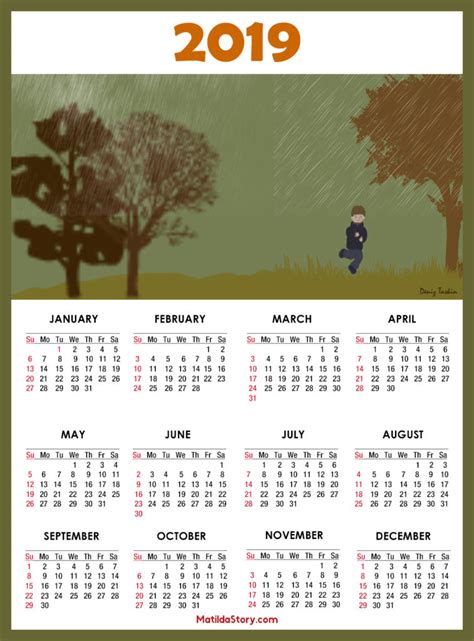 Calendar 2019 Printable 1 Page Sunday Start