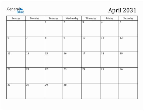 April 2031 Calendars Pdf Word Excel